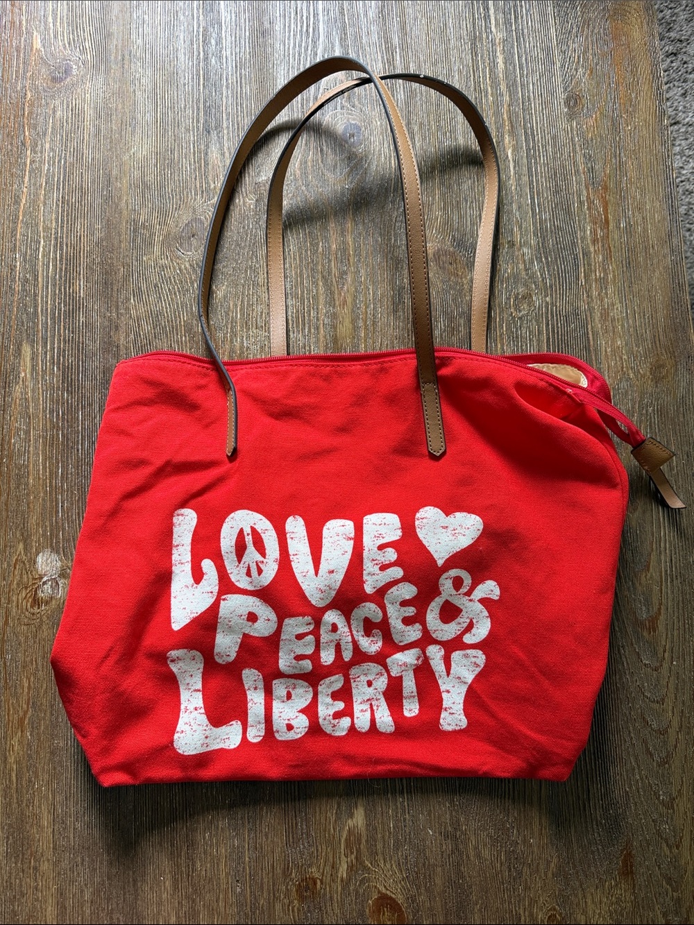 Sonoma Red Canvas Tote with White 'Love Peace & Liberty' Print
